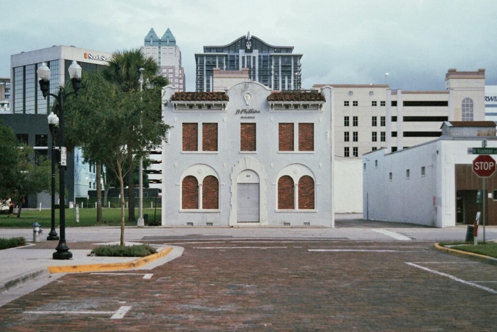 Charming historic building in downtown Orlando, showcasing a blend of old and modern architecture.