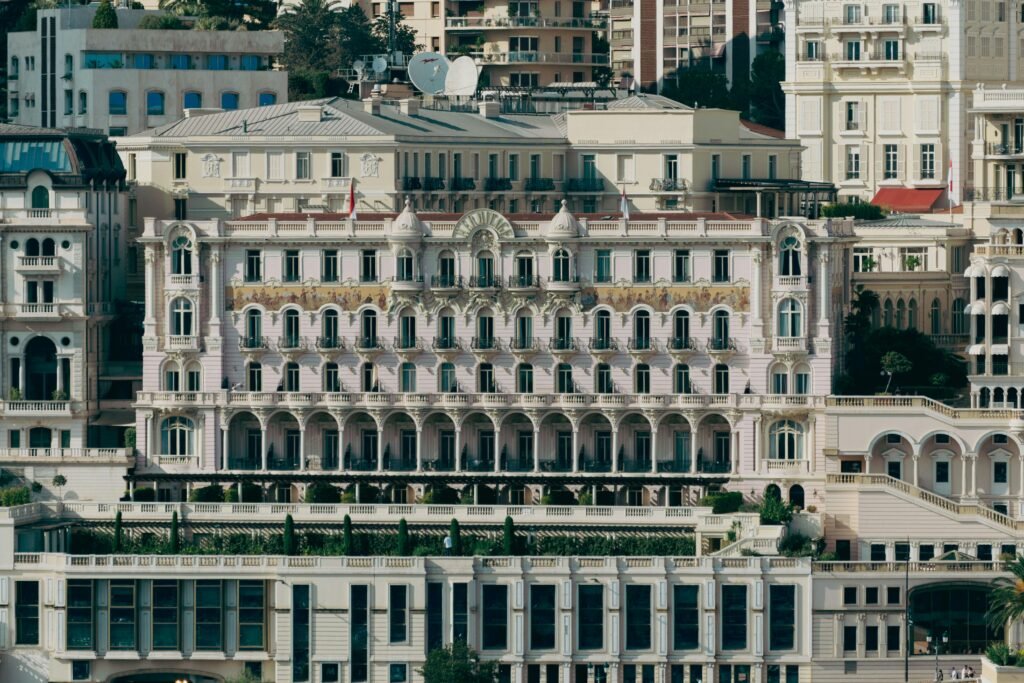 Beautiful urban architecture in sunny Monaco, showcasing Mediterranean elegance and luxury.