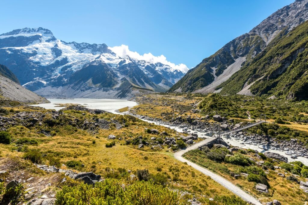 Stunning view of snow-capped mountains, glacier, and lush valley, perfect for nature photography enthusiasts.